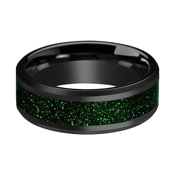 EDRIC | Black Ceramic Ring, Green Goldstone Inlay, Beveled - Rings - Aydins Jewelry - 2