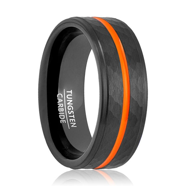 FIERCE | Black Tungsten Ring, Hammered, Orange Groove, Stepped Edge - Rings - Aydins Jewelry - 1