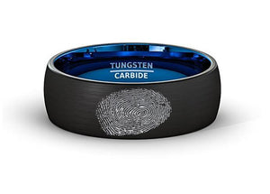 Finger Print Engraved Two Tone Black Brushed Men's Tungsten Wedding Band with Blue Interior Domed- 8MM - Rings > Tungsten Fingerprint Ring > Fingerprint Jewelry >Fingerprint Rings > Memorial Ring > His Fingerprint Ring > Mens Wedding Band > mens black wedding band > black wedding rings > black wedding band > black wedding rings for men > - Aydins Jewelry - 1