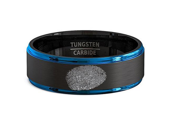 Finger Print Engraved Two-Tone Black Brushed Tungsten Ring With Blue Step Edges - Rings > Tungsten Fingerprint Ring > Fingerprint Jewelry >Fingerprint Rings > Memorial Ring > His Fingerprint Ring > Mens Wedding Band > mens black wedding band > black wedding rings > black wedding band > black wedding rings for men > - Aydins Jewelry - 1