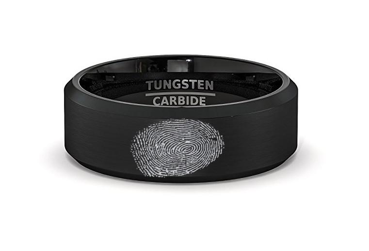 Fingerprint Engraved Black Tungsten Men's Wedding — hero shot — men's tungsten carbide wedding ring | Aydins Jewelry