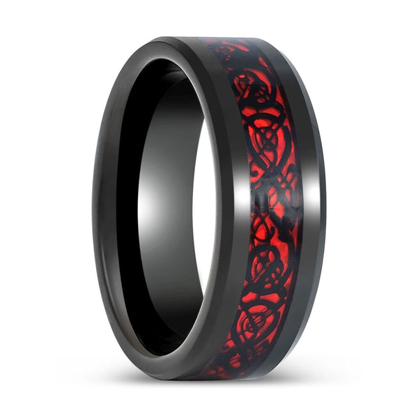 FIREFORGE - Black Tungsten Ring, Red Celtic Dragon Inlay, Beveled - Rings - Aydins Jewelry - 1