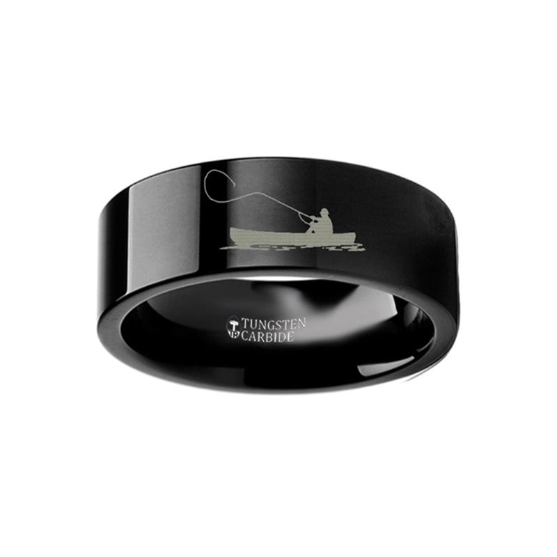 Fishing Boat Hunting Landscape Scene Engraved Flat Tungsten Carbide men's wedding band, image 2