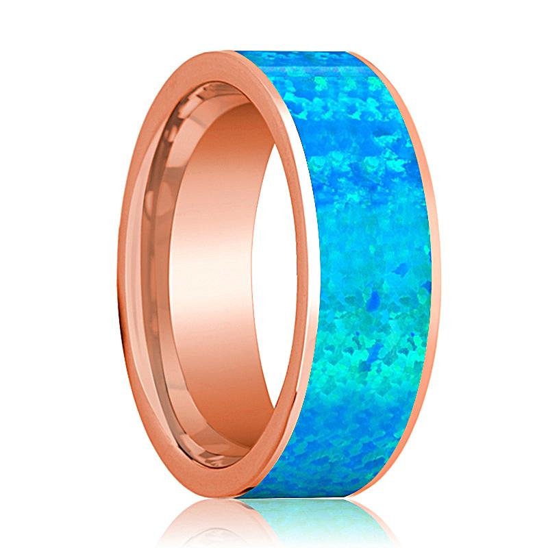 Blue Opal inlay 14k rose gold wedding band 8mm, top view