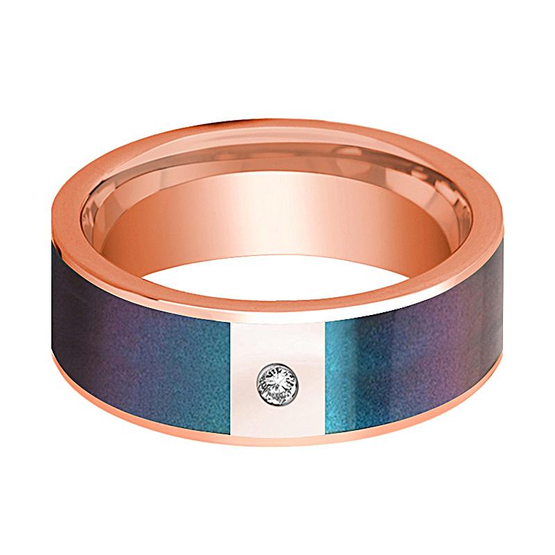 Color-Changing Opal inlay 14k rose gold wedding band 8mm with diamond, side profile