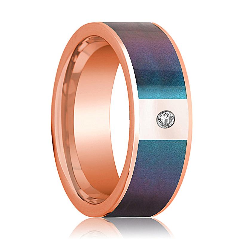 Color-Changing Opal inlay 14k rose gold wedding band 8mm with diamond, top view