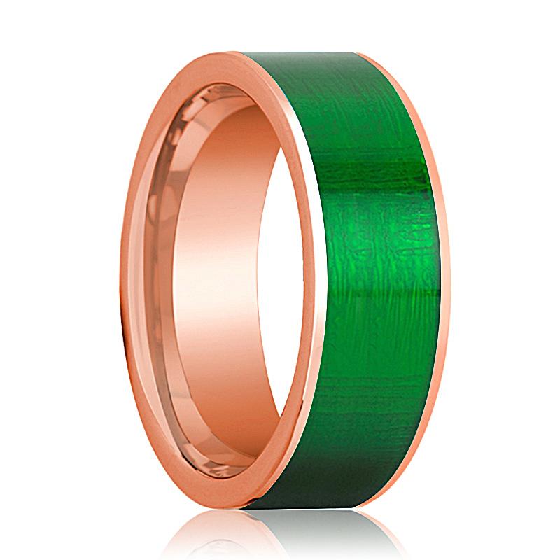 Green Inlay 14k rose gold wedding band 8mm, top view