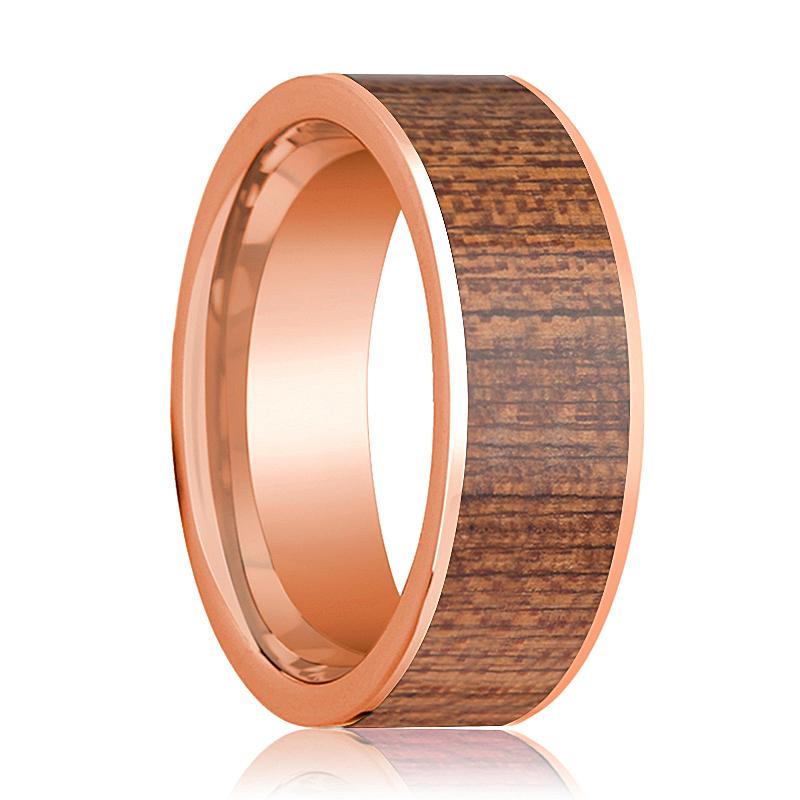 Sapele Wood inlay 14k rose gold wedding band 8mm, top view