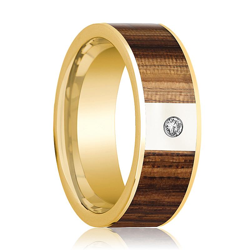 Zebra Wood inlay 14k yellow gold wedding band 8mm with diamond, top view