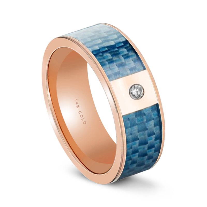 Blue Carbon Fiber inlay 14k yellow gold wedding band 8mm with diamond, close-up of inlay