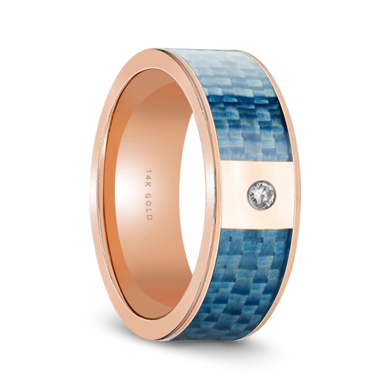 Blue Carbon Fiber inlay 14k yellow gold wedding band 8mm with diamond, angled view