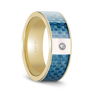 Blue Carbon Fiber inlay 14k yellow gold wedding band 8mm with diamond, top view
