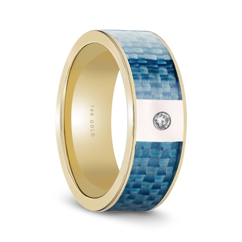 Blue Carbon Fiber inlay 14k yellow gold wedding band 8mm with diamond, top view