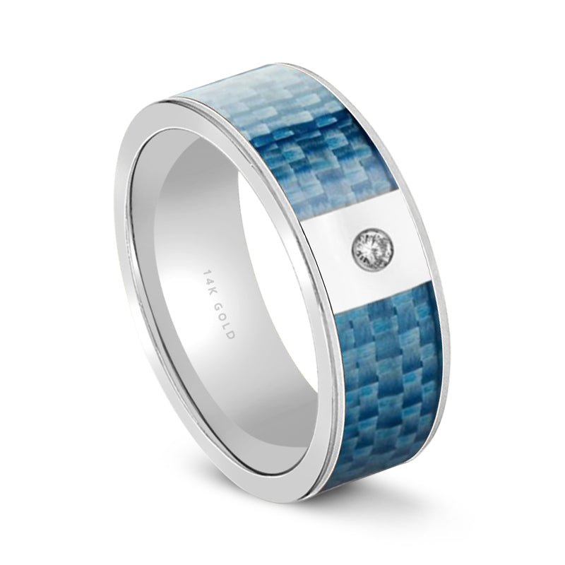 Blue Carbon Fiber inlay 14k yellow gold wedding band 8mm with diamond, additional view 6