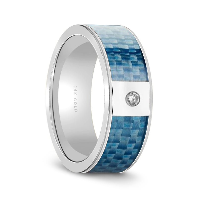 Blue Carbon Fiber inlay 14k yellow gold wedding band 8mm with diamond, on the hand