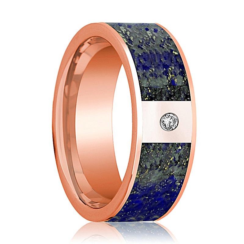 Lapis Lazuli inlay 14k rose gold wedding band 8mm with diamond, top view