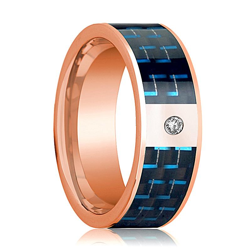 Blue Carbon Fiber inlay 14k rose gold wedding band 8mm with diamond, top view