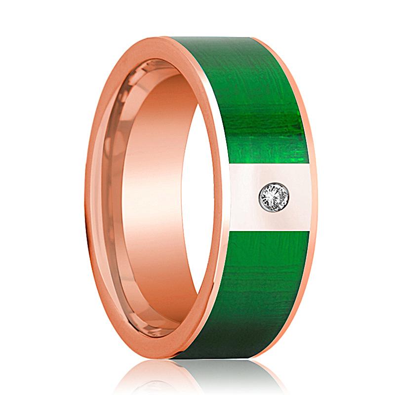 Green Inlay 14k rose gold wedding band 8mm with diamond, top view
