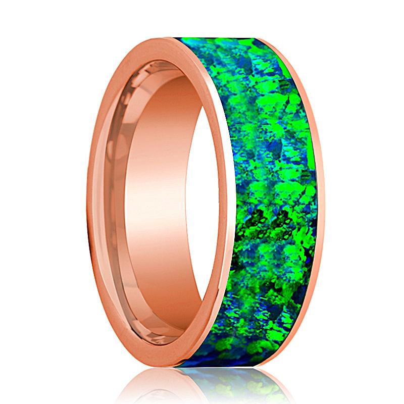 Blue Opal inlay 14k rose gold wedding band 8mm, top view