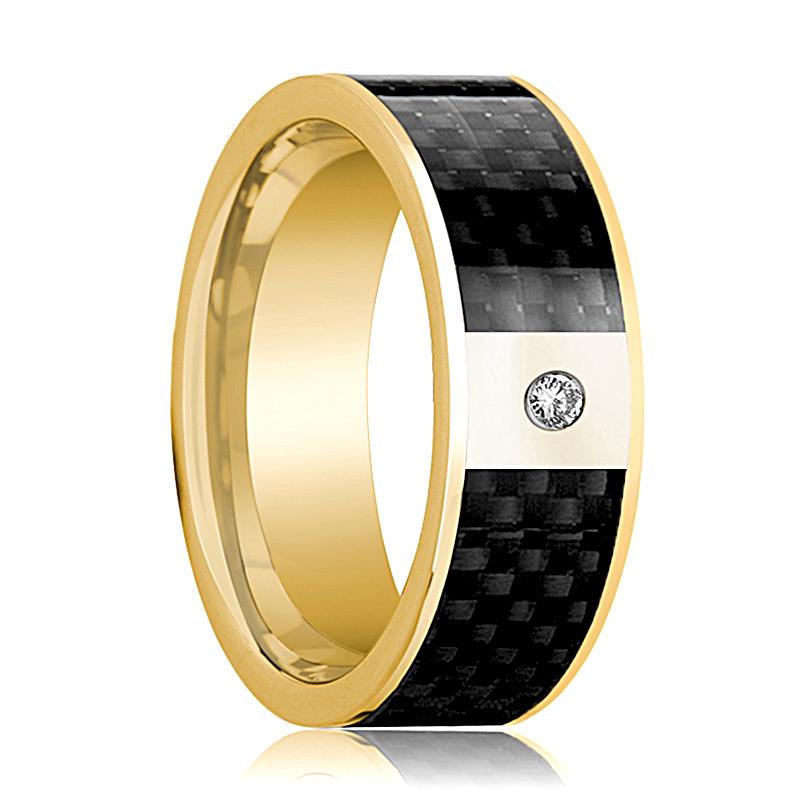 Black Carbon Fiber inlay 14k yellow gold wedding band 8mm with diamond, top view