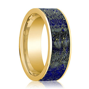 Lapis Lazuli inlay 14k yellow gold wedding band 8mm, top view