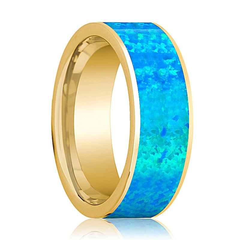 Blue Opal inlay 14k yellow gold wedding band 8mm, top view
