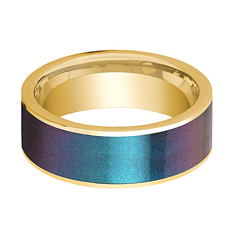 Color-Changing Opal inlay 14k yellow gold wedding band 8mm, side profile