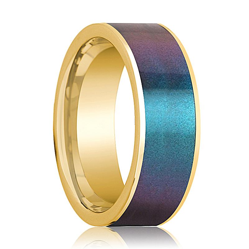 Color-Changing Opal inlay 14k yellow gold wedding band 8mm, top view