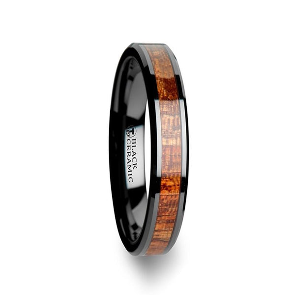 GABON | Black Ceramic Ring, Exotic Mahogany Wood Inlay, Beveled - Rings - Aydins Jewelry - 1