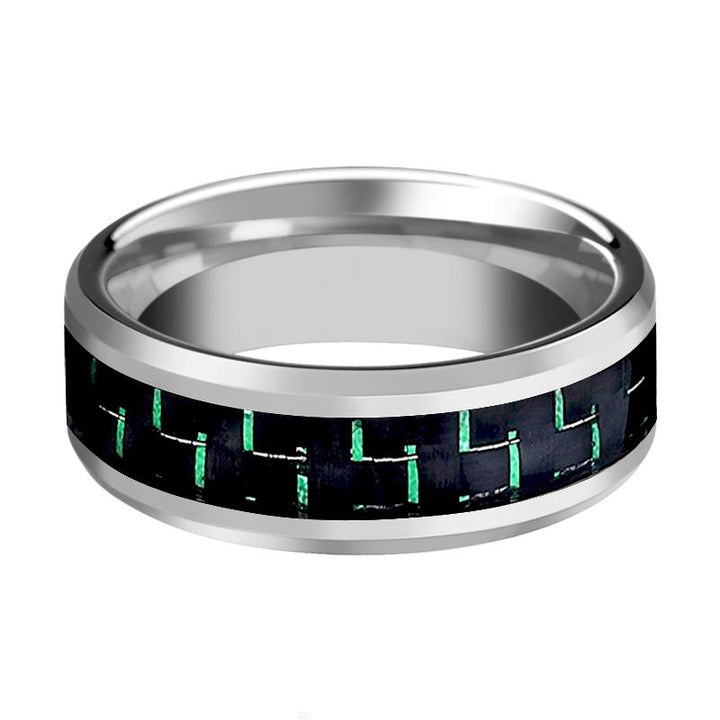 GALACTUS | Silver Tungsten Ring, Green Carbon Fiber, Beveled - Rings - Aydins Jewelry - 2