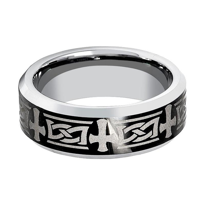 GARROS | Silver Tungsten Ring, Celtic Cross Design, Beveled - Rings - Aydins Jewelry - 2