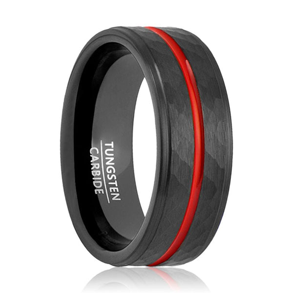 GLADIATOR | Black Tungsten Ring, Hammered, Red Groove, Stepped Edge - Rings - Aydins Jewelry - 1