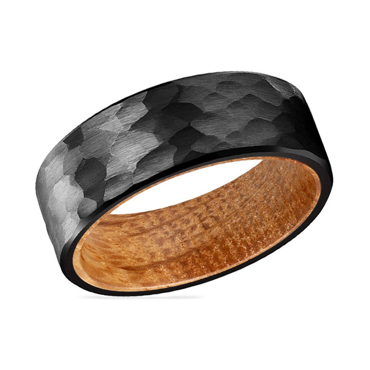 GLAMIS | Whiskey Barrel Wood, Black Tungsten Ring, Hammered, Flat - Rings - Aydins Jewelry - 2