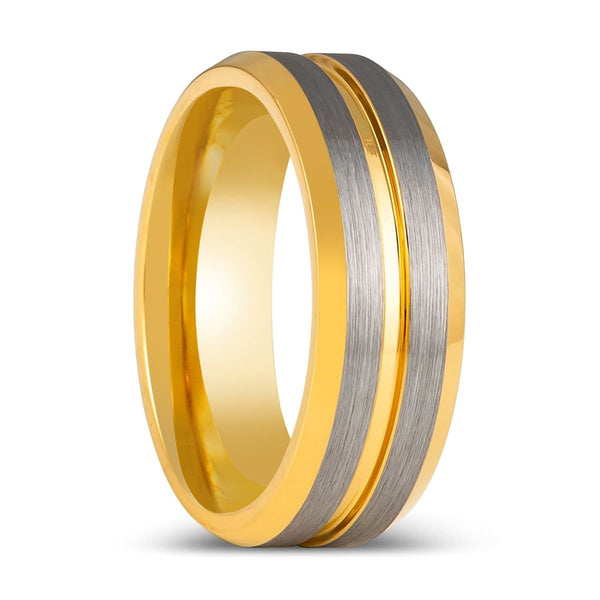 GLEAMLINE | Yellow Gold Tungsten Ring, Grooved Center Beveled Edge - Rings - Aydins Jewelry - 1