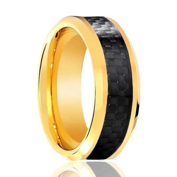 CROSSFIRE | Gold Tungsten Ring, Black Carbon Fiber Inlay, Beveled - Rings - Aydins Jewelry - 1