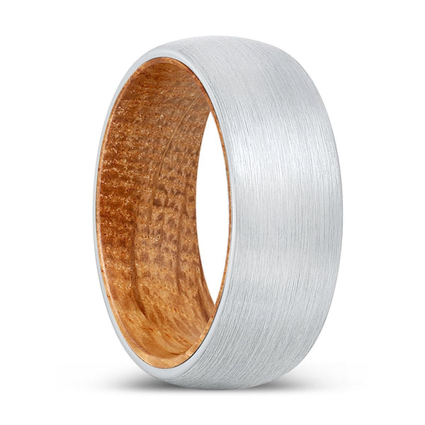GOLIATH | Whiskey Barrel Wood, White Tungsten Ring, Brushed, Domed - Rings - Aydins Jewelry - 1