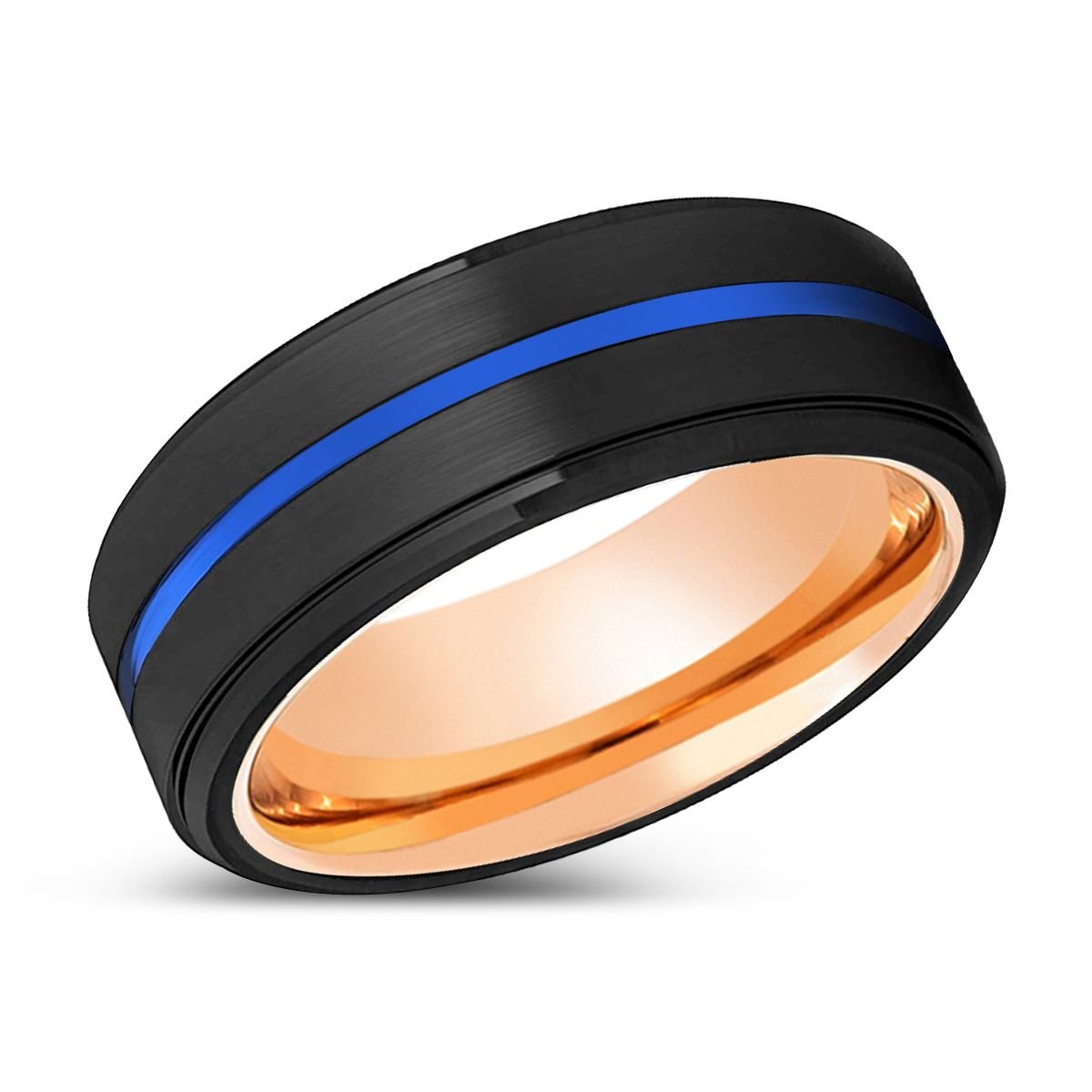 HIGA | Rose Gold Ring, Black Tungsten Ring, Blue Groove, Stepped Edge - Rings - Aydins Jewelry - 2