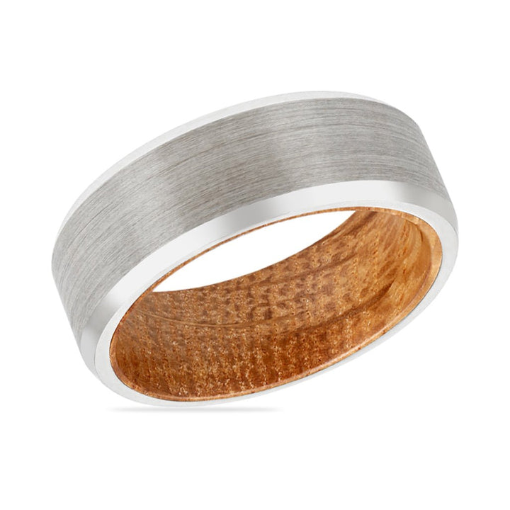 HOFFMAN | Whiskey Barrel Wood, Silver Tungsten Ring, Brushed, Beveled - Rings - Aydins Jewelry - 2