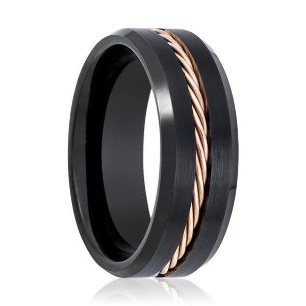 HORATIO | Black Tungsten Ring, Rose Gold Rope, Beveled - Rings - Aydins Jewelry - 1