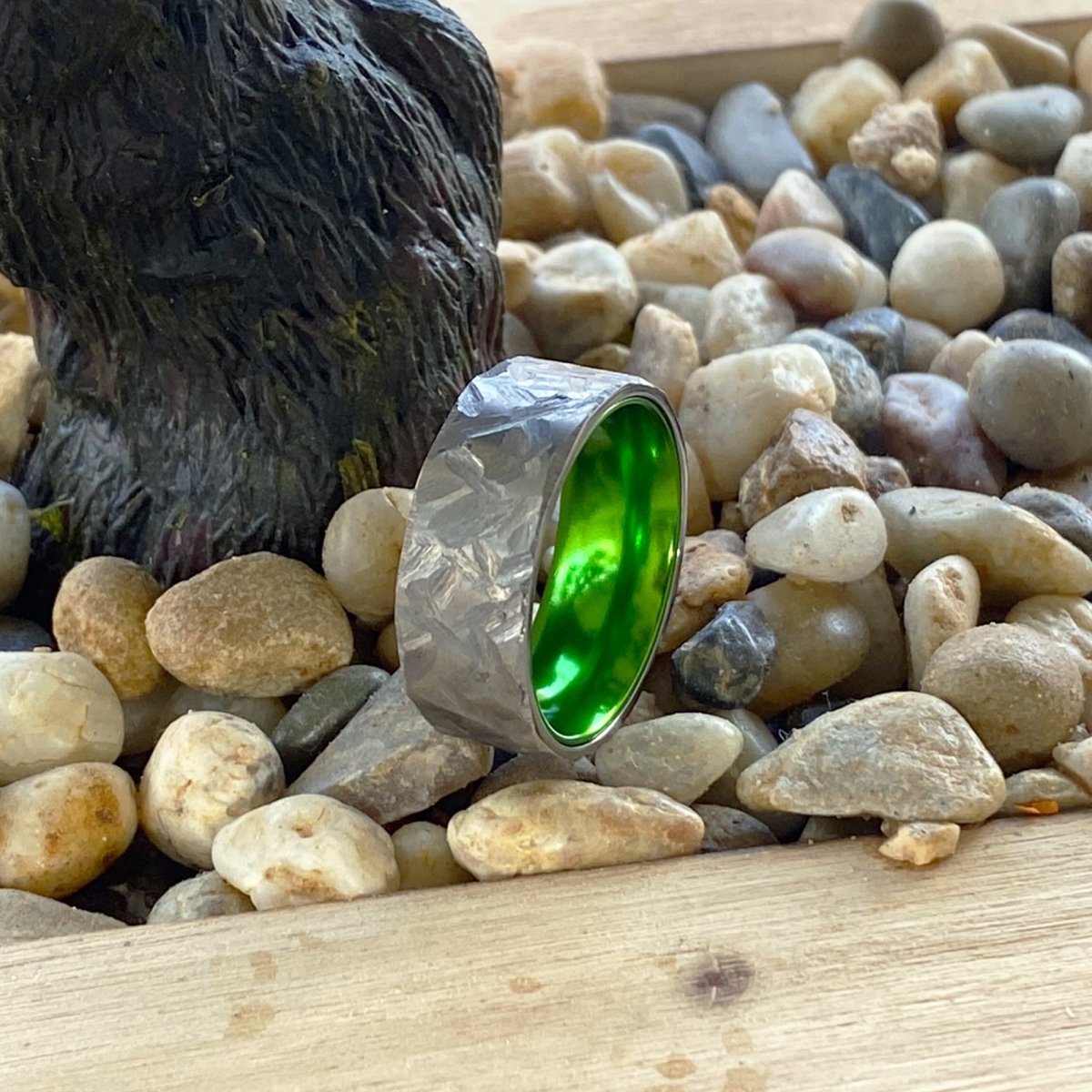 HORNET | Green Ring, Silver Titanium Ring, Hammered, Flat - Rings - Aydins Jewelry - 5