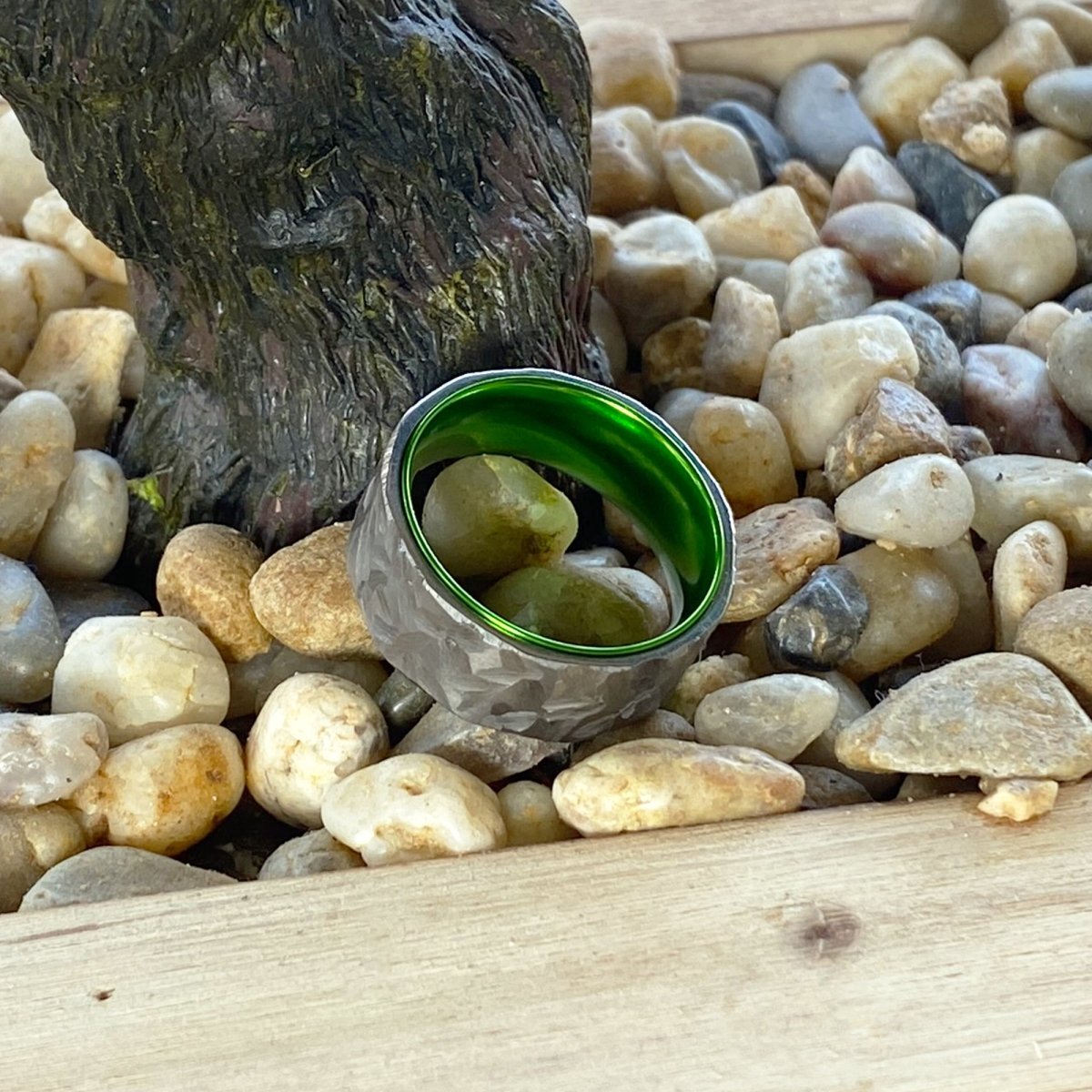 HORNET | Green Ring, Silver Titanium Ring, Hammered, Flat - Rings - Aydins Jewelry - 6
