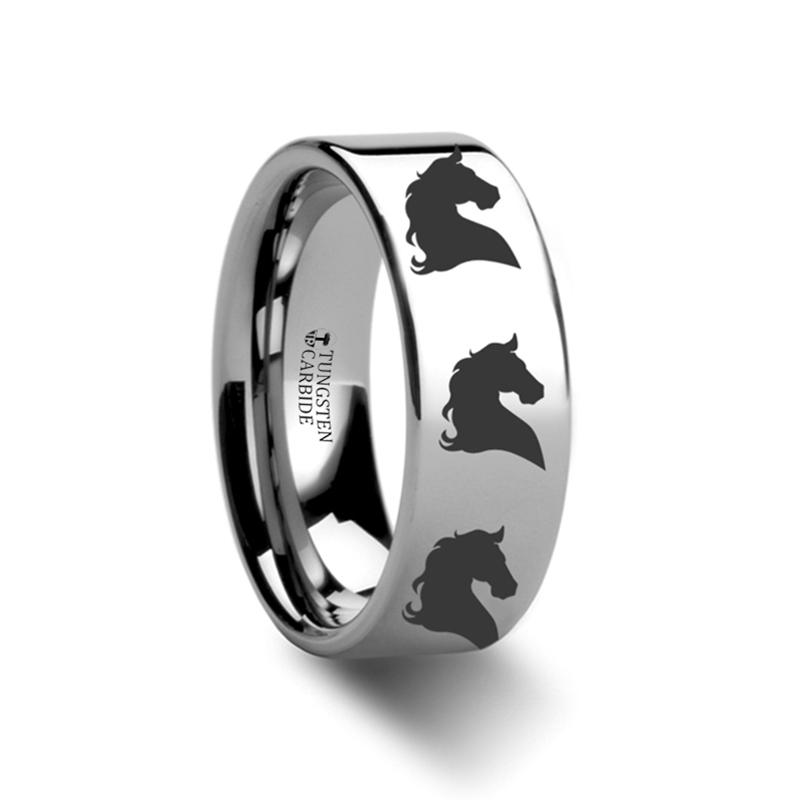 Horse Head Print Laser Engraved Flat Polished Tung Tungsten Carbide men's wedding band, image 1