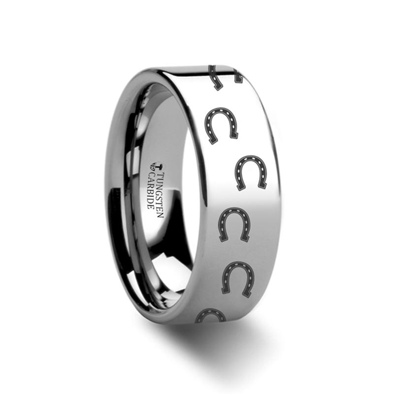 Horse Shoe Print Laser Engraved Flat Polished Tung Tungsten Carbide men's wedding band, image 1