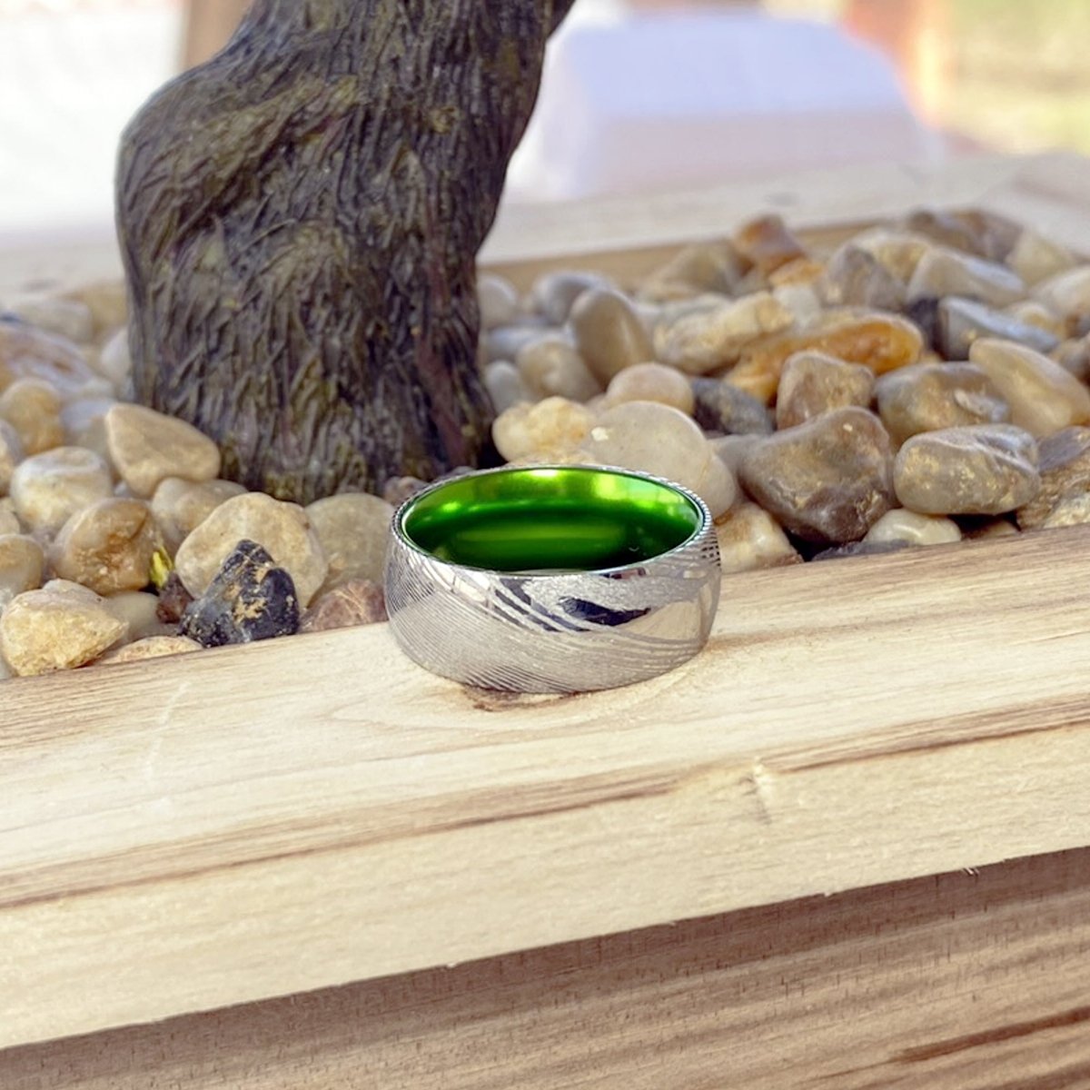 HULK | Green Ring, Silver Damascus Steel, Domed - Rings - Aydins Jewelry - 7