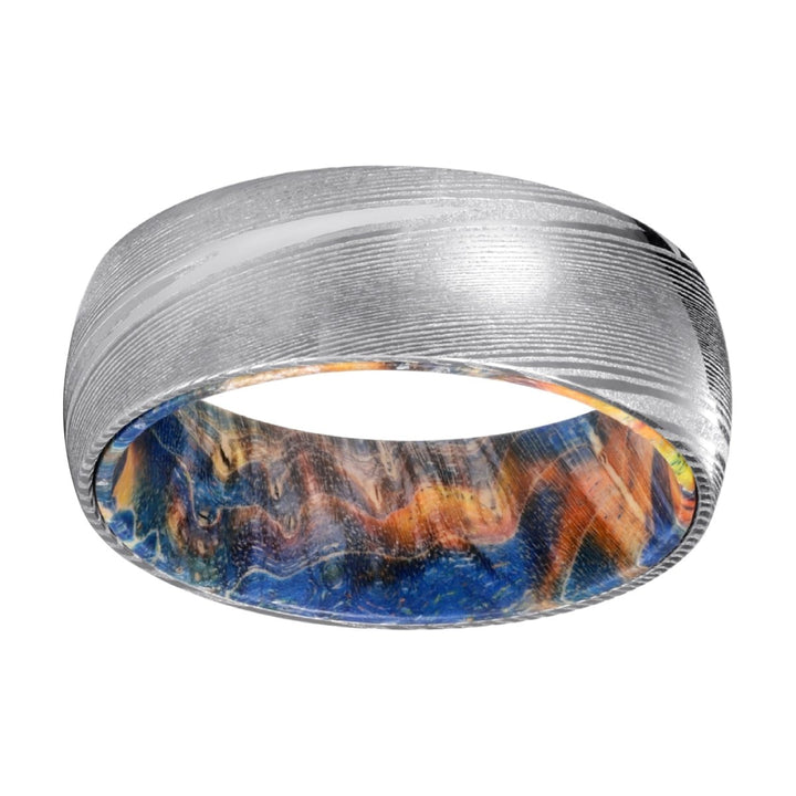 HYDE | Blue & Yellow/Orange Wood, Silver Damascus Steel, Domed - Rings - Aydins Jewelry - 2
