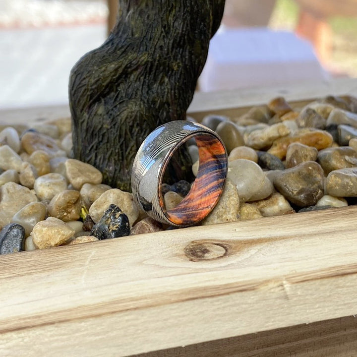 HYDE | Blue & Yellow/Orange Wood, Silver Damascus Steel, Domed - Rings - Aydins Jewelry - 5