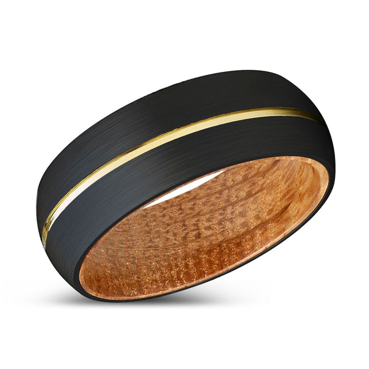 INFAMOUS | Whiskey Barrel Wood, Black Tungsten Ring, Gold Groove, Domed - Rings - Aydins Jewelry - 2
