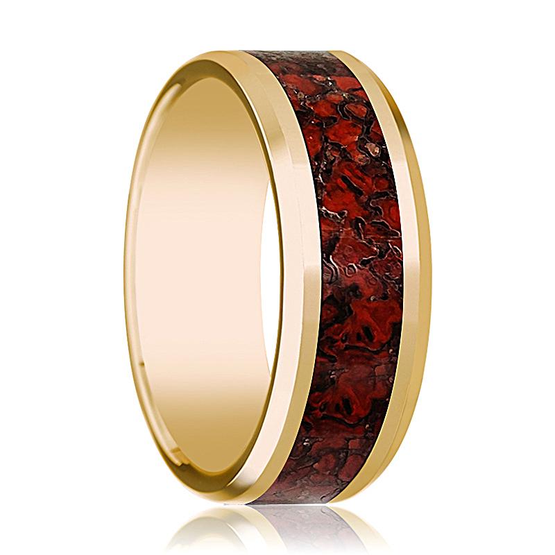 Dinosaur Bone inlay 14k yellow gold wedding band, top view