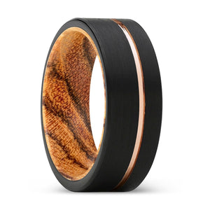 JESTER | Bocote Wood, Black Tungsten Ring, Rose Gold Offset Groove, Brushed, Flat - Rings - Aydins Jewelry - 1