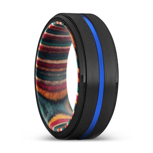 JIMMY | Multi Color Wood, Black Tungsten Ring, Blue Groove, Stepped Edge - Rings - Aydins Jewelry - 1